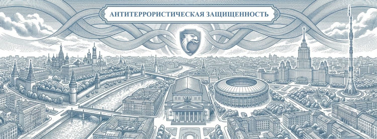 Обложка раздела «Антитеррористическая защищенность (АТЗ)». Визуализация защиты городских объектов и мест массового пребывания людей. Иллюстрация выполнена в технике классической гравюры со строгой штриховкой: фирменный синий цвет (Steel Blue) и чистый белый, компания РосБезопасность.