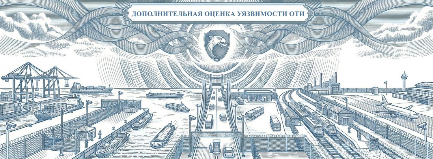 Обложка услуги «Дополнительная оценка уязвимости ОТИ». Визуализация процесса обновления данных о безопасности для Росавтодора, Росморречфлота, Росжелдора и Росавиации. Строгий корпоративный дизайн: синий (Ультрамарин) и белый цвета компании РосБезопасность.