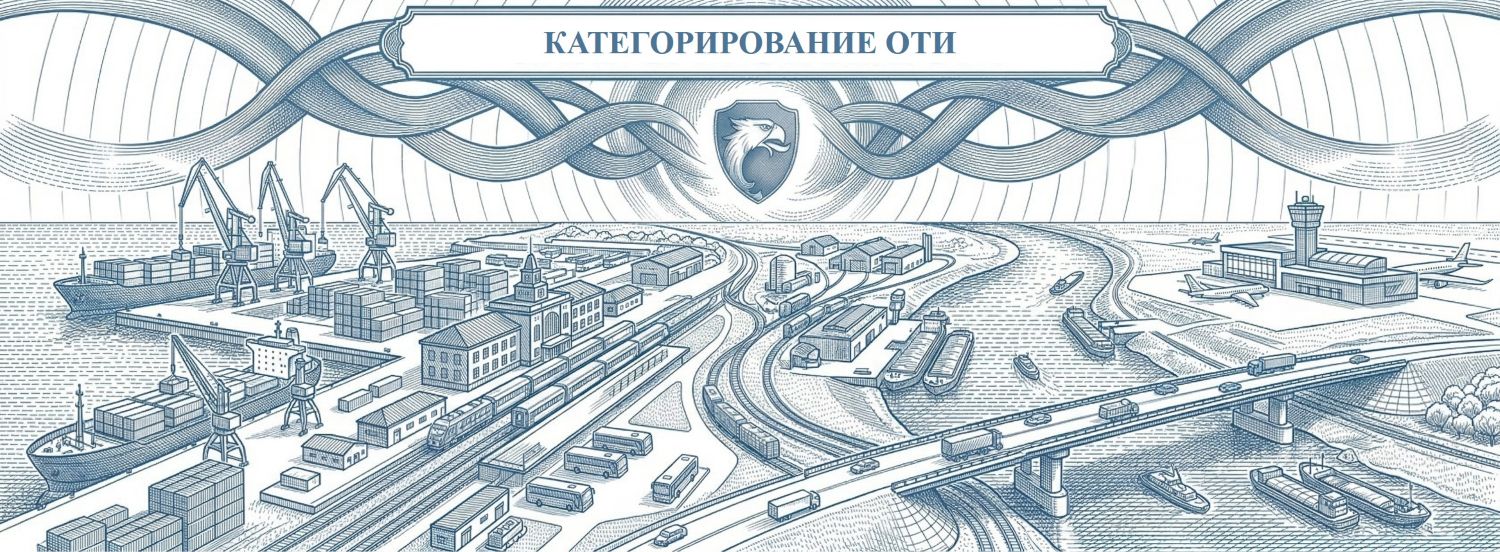 Иллюстрация процесса категорирования объектов транспортной инфраструктуры (ОТИ) по 16-ФЗ для всех видов транспорта. Сопровождение в Росавтодоре, Росморречфлоте, Росжелдоре и Росавиации. Корпоративный дизайн строго в синем (Ультрамарин) и белом цветах, компания РосБезопасность.