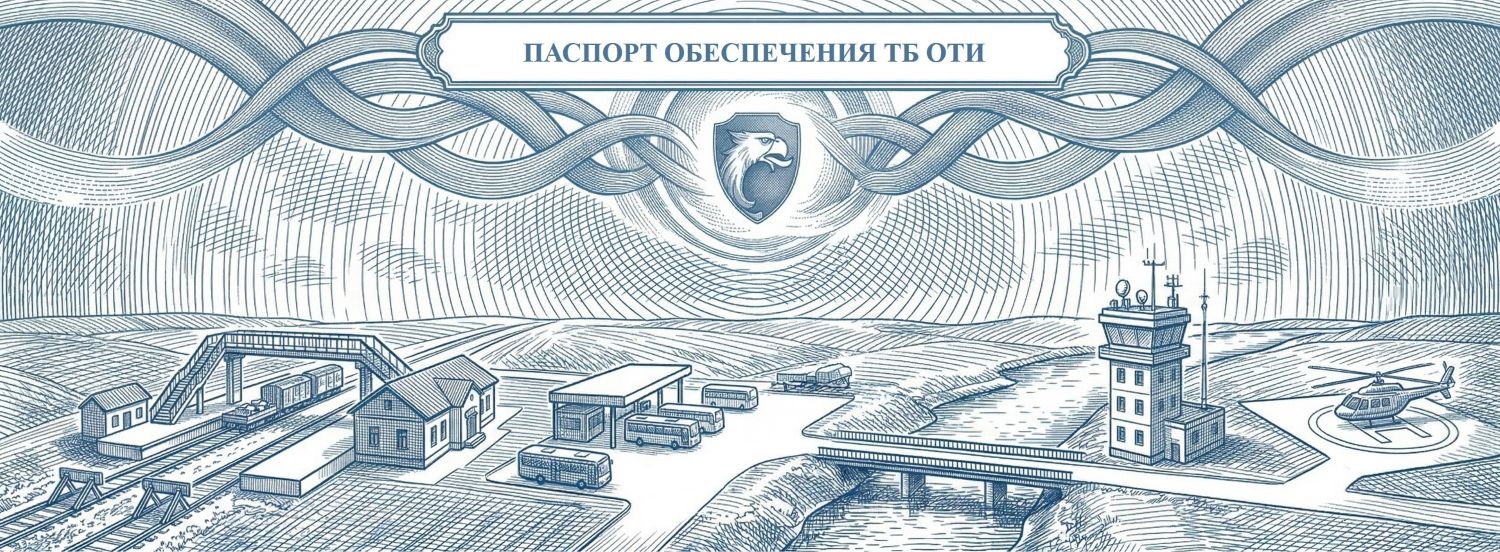 Обложка услуги «Паспорт обеспечения транспортной безопасности ОТИ». Визуализация разработки документации для объектов, не подлежащих категорированию, по линии Росавтодора, Росморречфлота, Росжелдора и Росавиации. Строгий корпоративный дизайн: синий (Ультрамарин) и белый цвета компании РосБезопасность.