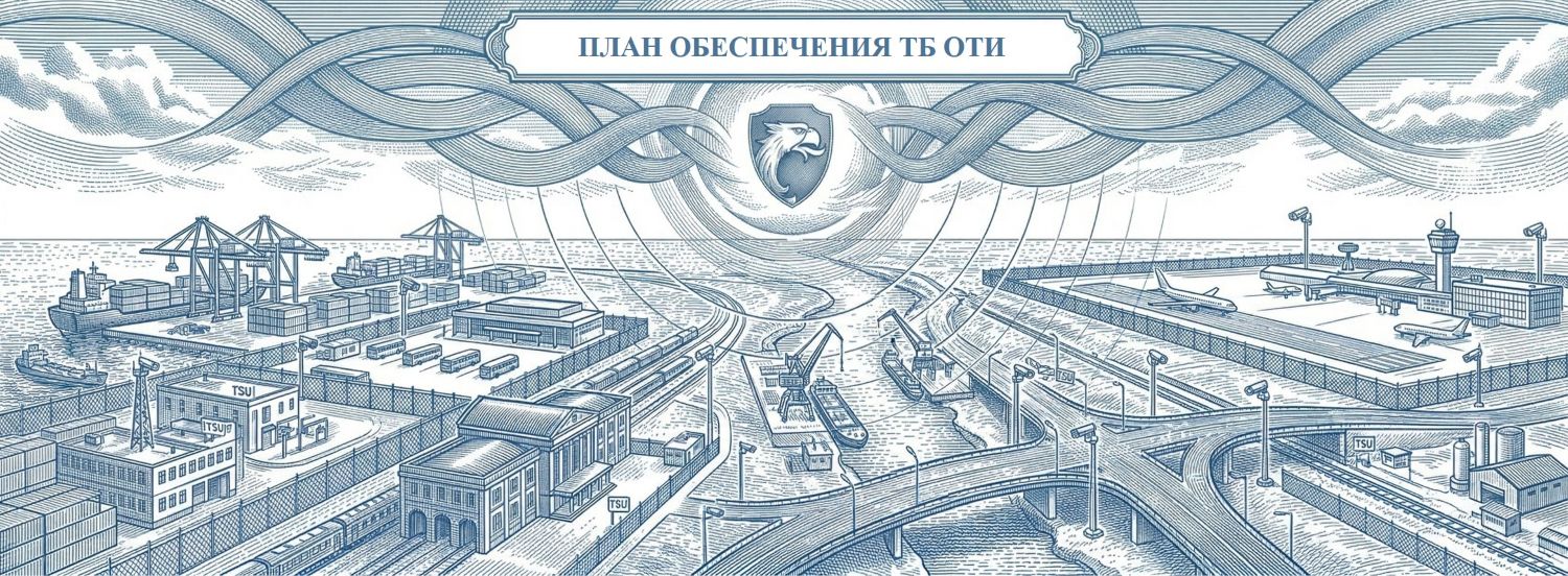 Обложка услуги «Разработка Плана транспортной безопасности ОТИ». Визуализация процесса подготовки регламентирующей документации для Росавтодора, Росморречфлота, Росжелдора и Росавиации. Строгий корпоративный стиль: синий (Ультрамарин) и белый цвета компании РосБезопасность.