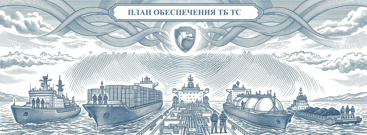 Профессиональная обложка услуги «План безопасности транспортного средства». Символизирует разработку Плана ОТБ для судов ледокольного флота и судов Кодекса ОСПС. Строгий корпоративный дизайн: синий (Ультрамарин) и белый цвета компании РосБезопасность.