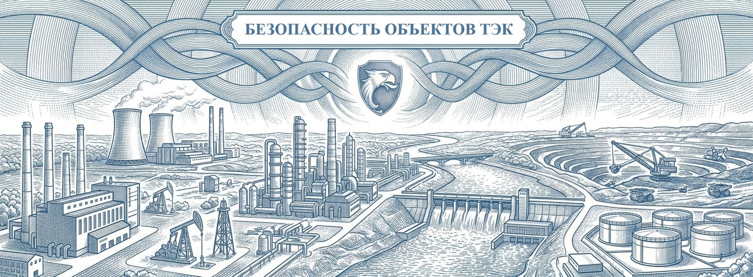 Обложка раздела «Безопасность объектов ТЭК». Визуализация индустриальной мощи и защиты предприятий топливно-энергетического комплекса. Иллюстрация выполнена в технике классической книжной гравюры со строгой перекрестной штриховкой: использован исключительно фирменный цвет Steel Blue и чистый белый фон без градиентов, компания РосБезопасность.