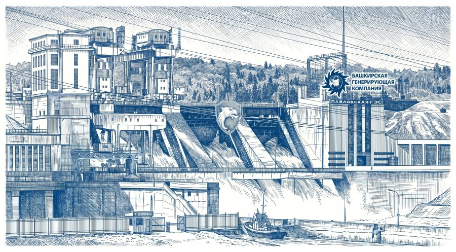 Обложка проекта для ООО «Башкирская генерирующая компания» (БГК). Визуализация обеспечения безопасности объектов топливно-энергетического комплекса: масштабная теплоэлектроцентраль (ТЭЦ), массивные градирни, турбинные цеха и высоковольтные линии. Иллюстрация выполнена в технике детализированной ручной гравюры со строгой перекрестной штриховкой: используются исключительно два цвета — синий (Ультрамарин / Steel Blue #4682B4) и чистый белый фон #FFFFFF, формат 100% Full Bleed, компания РосБезопасность.