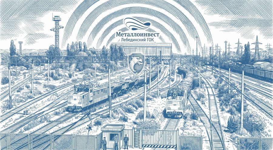 Обложка проекта для АО «Лебединский ГОК» (Металлоинвест). Визуализация комплексной безопасности крупнейшего горно-обогатительного предприятия: гигантский открытый карьер, шагающие экскаваторы, обогатительные фабрики и пути промышленного железнодорожного транспорта. Иллюстрация выполнена в технике детализированной ручной гравюры со строгой перекрестной штриховкой: используются исключительно два цвета — синий (Ультрамарин / Steel Blue #4682B4) и чистый белый фон #FFFFFF, формат 100% Full Bleed, компания РосБезопасность.
