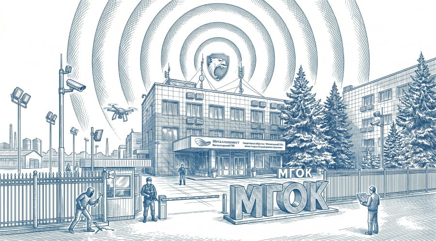 Обложка проекта для АО «Михайловский ГОК им. А.В. Варичева» (Металлоинвест). Визуализация комплексной безопасности горнорудного гиганта: масштабный открытый карьер, тяжелые роторные экскаваторы, фабрика окомкования и составы промышленного железнодорожного транспорта. Иллюстрация выполнена в технике детализированной ручной гравюры со строгой перекрестной штриховкой: используются исключительно два цвета — синий (Ультрамарин / Steel Blue #4682B4) и чистый белый фон #FFFFFF, формат 100% Full Bleed, компания РосБезопасность.