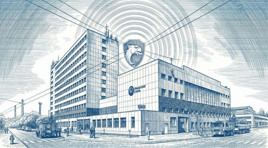 Обложка проекта для АО «Уральская Сталь». Визуализация комплексной безопасности металлургического гиганта: массивные доменные печи и прокатные станы комбинируются с разветвленными железнодорожными путями и транспортными узлами предприятия. Иллюстрация выполнена в технике детализированной ручной гравюры со строгой перекрестной штриховкой: используются исключительно два цвета — синий (Ультрамарин / Steel Blue #4682B4) и чистый белый фон #FFFFFF, формат 100% Full Bleed, компания РосБезопасность.