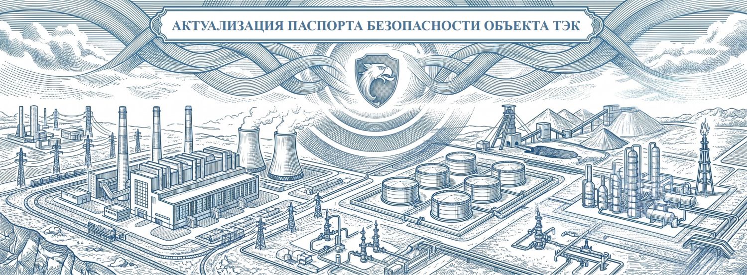 Обложка услуги «Актуализация паспорта безопасности ТЭК». Визуализация процесса обновления документации для промышленного предприятия. Иллюстрация выполнена в технике классической ручной гравюры с детализированной перекрестной штриховкой: линии цвета Steel Blue #4682B4 на чистом белом фоне #FFFFFF, формат 100% Full Bleed. В центре геральдический щит с профилем орла, от которого на объекты расходятся защитные волны. Компания РосБезопасность.