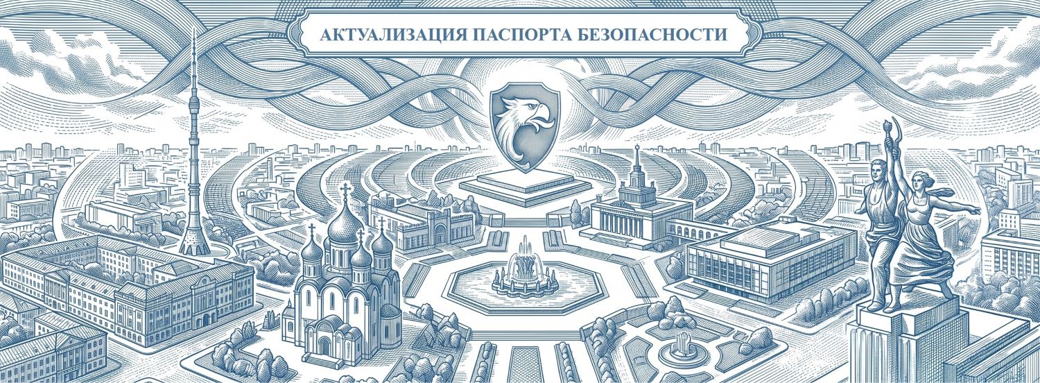 Обложка услуги «Актуализация паспорта безопасности объекта (АТЗ)». Визуализация процесса обновления документации и пересогласования с надзорными ведомствами. Иллюстрация выполнена в технике классической ручной гравюры со строгой штриховкой: фирменный цвет Steel Blue и чистый белый, компания РосБезопасность.