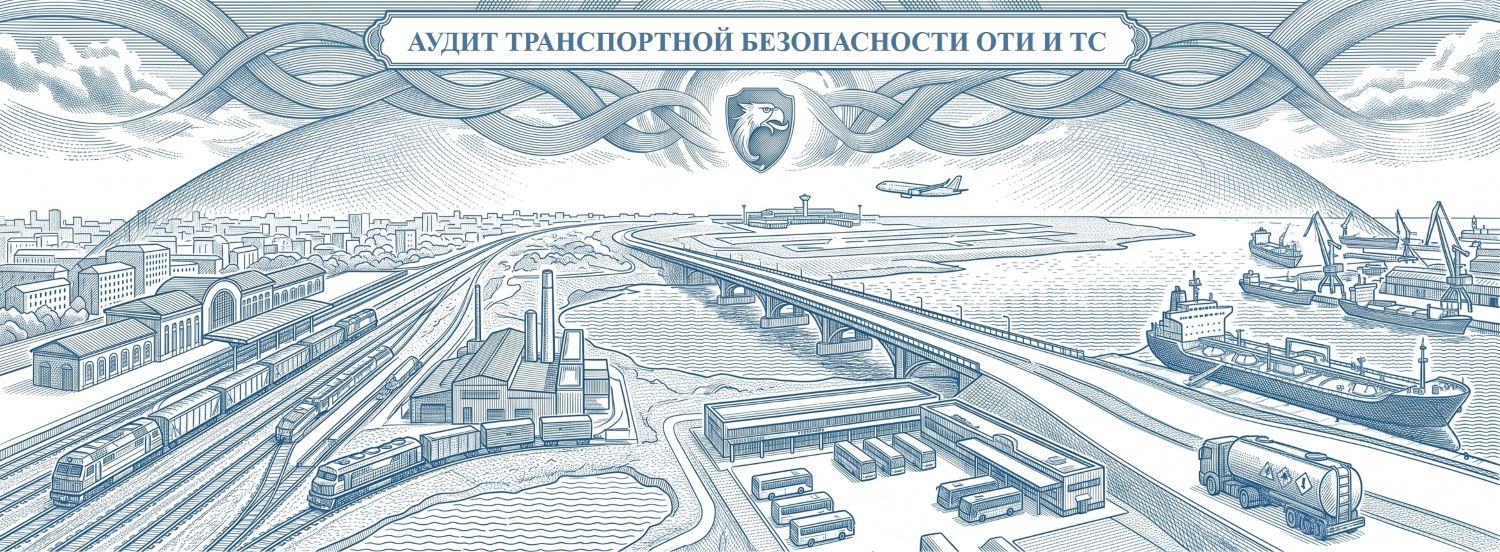 Обложка услуги «Аудит транспортной безопасности». Визуализация экспертной проверки и анализа защищенности ОТИ и ТС для Росавтодора, Росморречфлота, Росжелдора и Росавиации. Выполнена в строгом корпоративном стиле: синий (Ультрамарин) и белый цвета компании РосБезопасность.