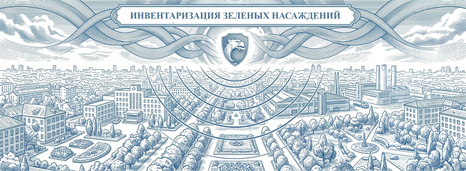 Обложка услуги «Инвентаризация зеленых насаждений». Визуализация процесса экологического учета деревьев, кустарников и парковых зон на фоне городского ландшафта. Иллюстрация выполнена в технике классической ручной гравюры с детализированной перекрестной штриховкой: строго два цвета (синий Ультрамарин и чистый белый фон), формат 100% Full Bleed. Компания РосБезопасность.