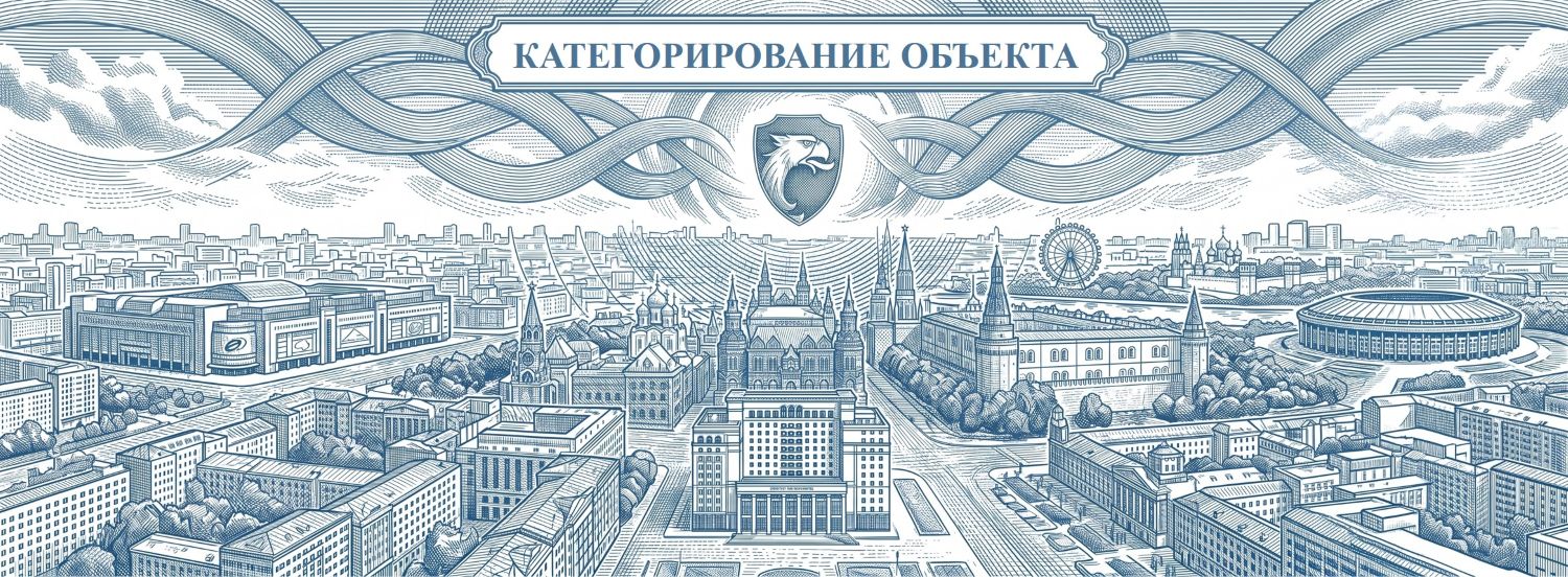 Обложка услуги «Категорирование объекта по АТЗ». Визуализация процесса экспертного обследования здания и прилегающей территории. Иллюстрация выполнена в технике классической книжной гравюры со строгой штриховкой: фирменный цвет Steel Blue и чистый белый, компания РосБезопасность.