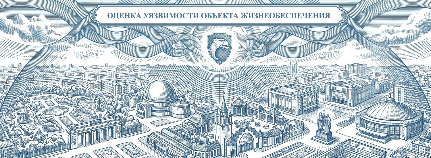 Обложка услуги «Оценка уязвимости объекта АТЗ». Визуализация процесса выявления уязвимых участков здания и экспертного аудита. Иллюстрация выполнена в технике детализированной ручной гравюры с перекрестной штриховкой: использованы строго фирменный цвет Steel Blue и чистый белый фон, компания РосБезопасность.