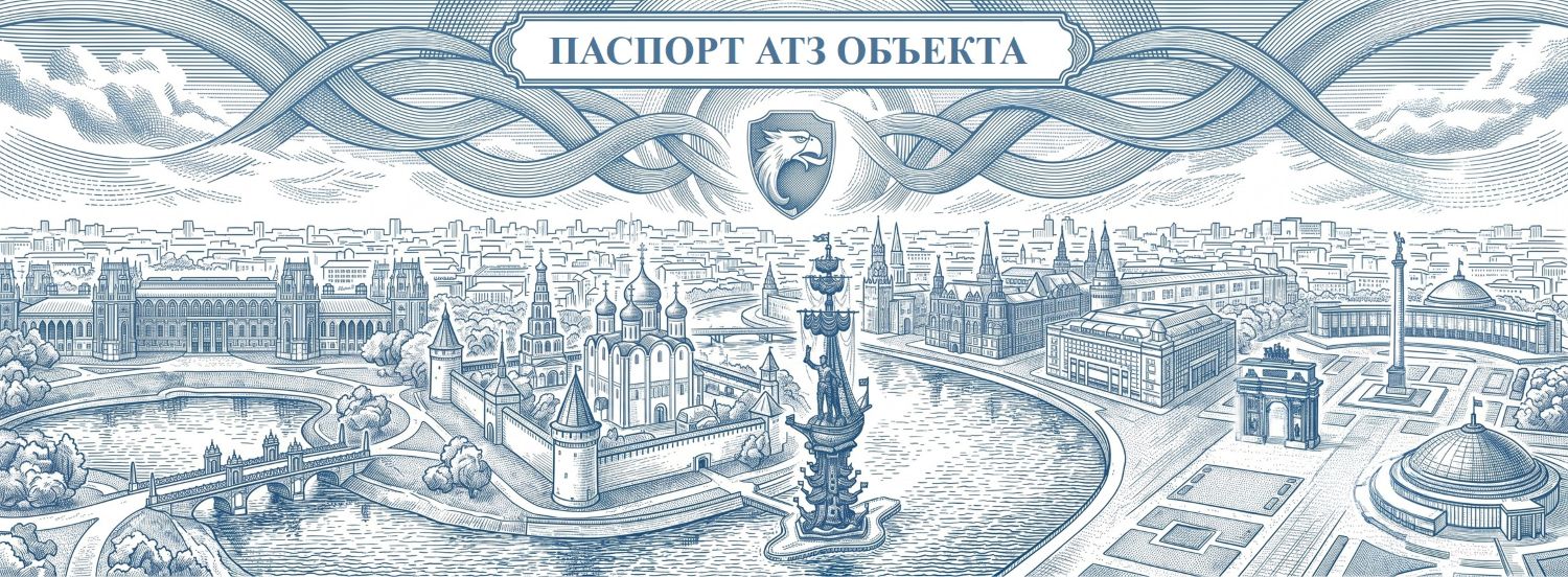 Обложка услуги «Антитеррористический паспорт объекта». Визуализация обеспечения защиты городских строений и мест скопления людей. Иллюстрация выполнена в технике классической ручной гравюры со строгой штриховкой: фирменный цвет Steel Blue и чистый белый, компания РосБезопасность.