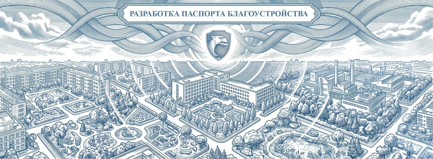 Обложка услуги «Паспорт благоустройства территории». Визуализация процесса инвентаризации и планировки участка: элементы городского озеленения, дорожная сеть и инфраструктура. Иллюстрация выполнена в технике классической ручной гравюры с детализированной перекрестной штриховкой: строго два цвета (линии синего цвета Ультрамарин и чистый белый фон #FFFFFF), формат 100% Full Bleed. Компания РосБезопасность.